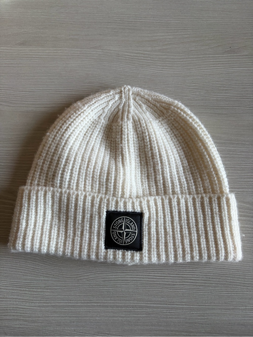 Stone Island Cream Ribbed Knit Beanie 100% Virgin Wool
